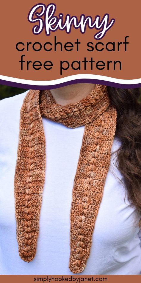 Crochet this trendy, cute taper-ended skinny scarf. The length and width is customizable. A DK weight and/or worsted weight yarn can be used to crochet this skinny scarf. Crochet puff stitches are used to add a textured line down the center of the scarf. A free crochet pattern by Simply Hooked by Janet. Harvest Neck Scarf Crochet Pattern. Simple Skinny Crochet Scarf. Crochet Mini Scarf Free Pattern, Quick Crochet Scarf Pattern Free, Infinity Scarf Crochet Free Pattern, Crochet Scarves Free Patterns Easy, Neck Scarf Crochet, Crochet Neck Scarf, Crochet Lacy Scarf, Free Crochet Scarf Patterns, Crochet Stole