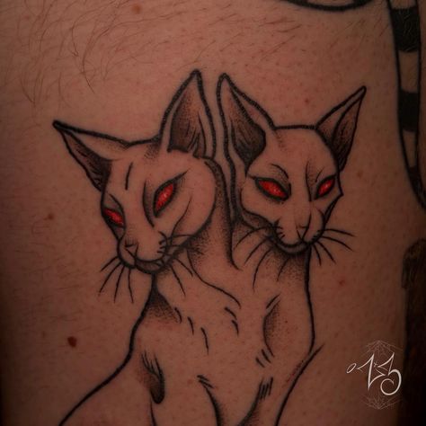 Look at them kitties! 🐈‍⬛ Black and grey two headed cat! Done by Resident Tattoo Artist - Noelle Turner @noelleturnerink Located @zx3artistry in Cocoa Beach, Florida Tattoo made with supplies by @dead_raven_tattoo_supply @thesolidink @inkjetstencils @bishoprotary @recoveryaftercare #zx3ink #zx3artistry #zx3 #floridatattooartist #cocoabeachtattoo #femaletattooartistflorida #cattattoo #twoheadedcat #catstattoo Two Headed Cat Tattoo, Scary Cat Tattoo, Cat Couple Tattoo, Skeleton Cat Tattoo, Spooky Cat Tattoo, Spooky Matching Tattoos, Florida Tattoo, Pmu Artist, Maching Tattoos