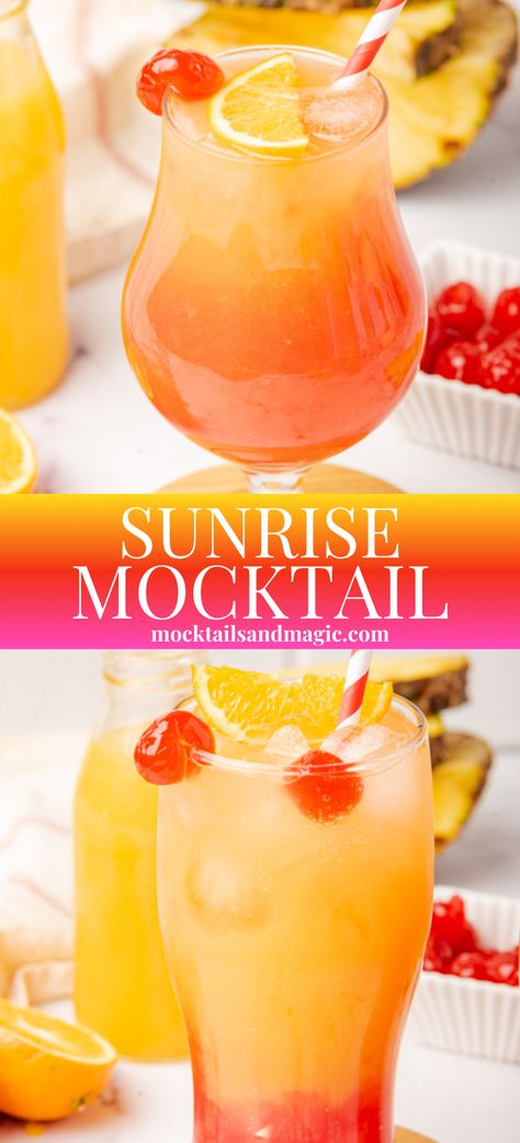 Sunrise Mocktail – This tropical and sweet Sunrise Mocktail is like a classic Tequila Sunrise but in a non-alcoholic version! Perfect pineapple and orange mocktail for brunch or any other special occasion! Tequila Sunrise Mocktail Recipe, Orange Drink Ideas, Pineapple Juice Mocktail Non Alcoholic, Best Summer Mocktail, Sunrise Mocktail Recipe, Tropical Drink Recipes Nonalcoholic, Tropical Mocktails For Luau, Margarita Recipes Non Alcoholic, Yummy Summer Drinks Non Alcoholic