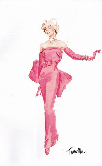 Travilla costume design sketch for the gown Marilyn Monroe wore in her famous musical number "Diamonds Are a Girl's Best Friend" for the classic film GENTLEMEN PREFER BLONDES (1953) #costumes #classicfilms Mode Pin Up, Vintage Fashion Sketches, Istoria Modei, Costume Design Sketch, ポップアート ポスター, Gentlemen Prefer Blondes, Fashion Illustration Sketches, Norma Jean, Fashion Art Illustration