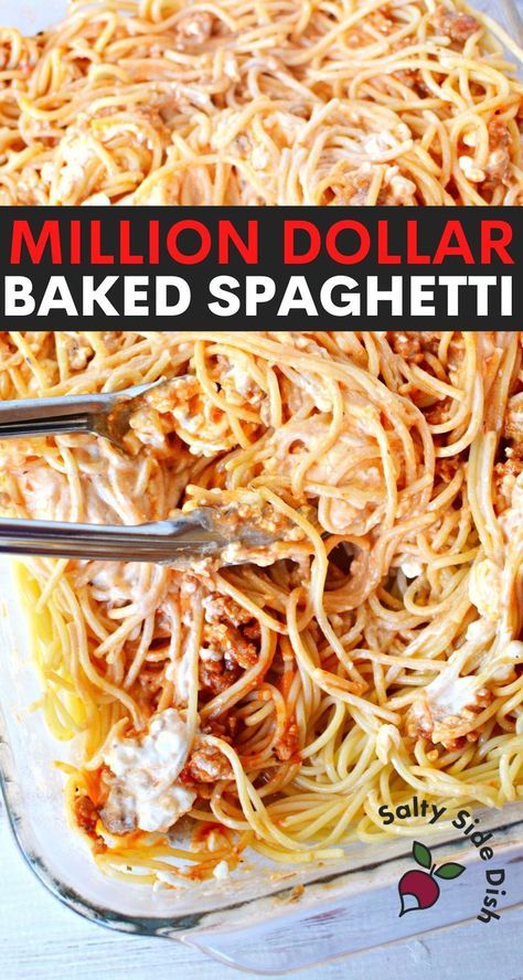 Creamy Baked Spaghetti Recipe, Baked Creamy Spaghetti, Spaghetti Noodle Bake, Ideas For Spaghetti Noodles, Million Dollar Baked Spaghetti Recipe, Million Dollar Spaghetti With Chicken, Million Dollar Spaghetti Six Sisters, One Pot Million Dollar Spaghetti, Spaghetti Cream Cheese Casserole