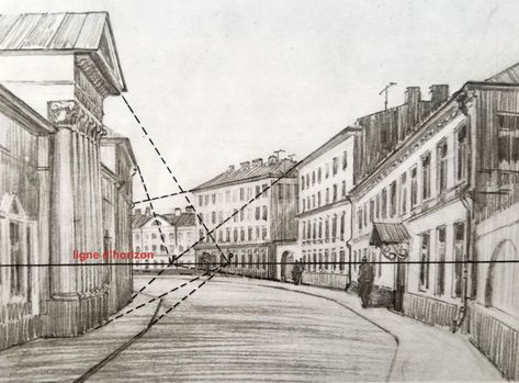 Comment dessiner un paysage en perspective - Apprendre la peinture avec Elena Kuznetsova ! Two Point Perspective City, Perspective Sketch, Perspective Drawing Architecture, City Sketch, Black And White City, City Drawing, Point Perspective, Perspective Art, Perspective Drawing