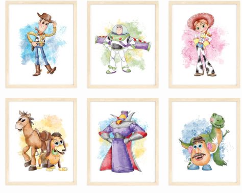 PRICES MAY VARY. CHILDRENS ROOM WALL ART: Set of 6 UNFRAMED Toy Story wall art decor. Our minimalist designs will make a great addition to your child’s bedroom wall. BEST DECOR IDEA FOR CHILDRENS BEDROOM: The colorful design of this set of 6 Toy Story wall art with its famous characters (Sheriff Woody, Buzz Lightyear, Mr. Potato Head, Rex, Slinky, Emperor Zurg) will look amazing on any child’s bedroom wall. Complete your child’s bedroom look with this great quality Toy Story poster set. THE PERF Toy Story Watercolor, Toy Story Poster, Toy Story Bedroom, Toy Story Room, Baby Wall Stickers, Sheriff Woody, Baby Room Themes, Mr Potato, Mr Potato Head