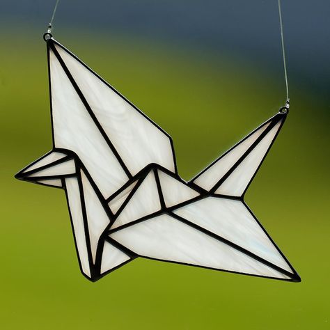 Stained glass paper origami crane. Now that just sounds cool! 😎  The first of these cute little cranes was a custom order a few years back.… Origami Template, Crane Paper, Bird Symbol, Origami Templates, Japanese Cranes, Hummingbird Suncatcher, Symbol Of Hope, Stained Glass Butterfly, Glass Inspiration