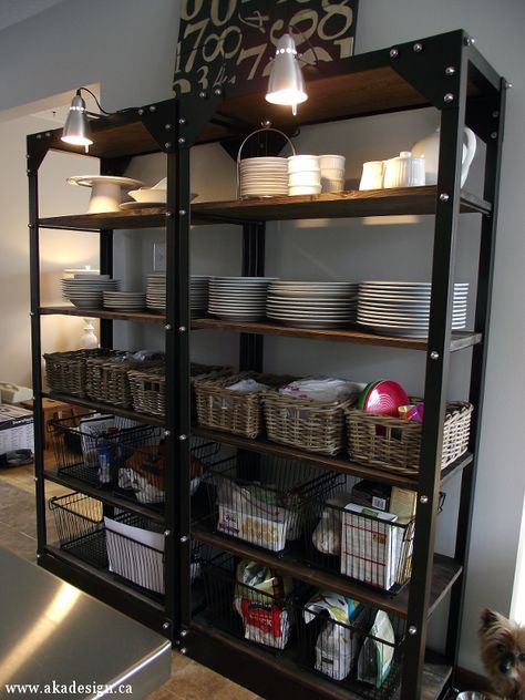 Knock Off Restoration Hardware Shelves Restoration Hardware Shelves, Shelves Pantry, Wood And Metal Shelves, Pantry Organisation, Ikea Storage, Industrial Shelving, Industrial Kitchen, Grey Kitchens, Ikea Diy