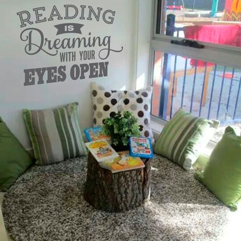 Classroom Decorating For A Great School Year - The Simple Stencil Reading Nook Classroom, Library Classroom, Reading Corner Classroom, Preschool Reading, Open Library, Childrens Library, Library Wall, Reading Area, Book Corners