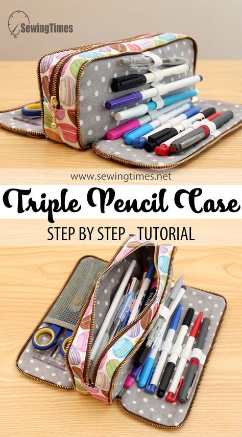 DIY Triple Zipper Pencil Case | Large capacity stationery pouch Tutorial [sewingtimes] Large Zipper Pouch Pattern Free, Pencil Bag Sewing Pattern, Pencil Bag Pattern, No Zipper Pouch, Sewing Times, Crochet Pencil Pouch, Pencil Pouch Pattern, Pencil Case Pattern, Stationery Pouch