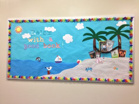 Bulletin board for May. Starfish Bulletin Board Ideas, Beach Bulletin Board Ideas Preschool, Beach Themed Bulletin Board Ideas, Beach Bulletin Board Ideas, May Bulletin Board Ideas, May Bulletin Board, Beach Bulletin Boards, Disney Bulletin Boards, Kids Bulletin Boards