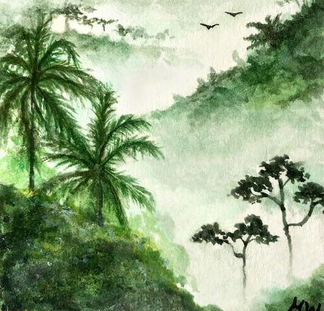 Rainforest Trees Drawing, Jungle Trees Drawing, Tropical Watercolor Art, Rainforest Background Drawing, Easy Rainforest Drawing, Green Watercolor Art, Tropical Trees Drawing, Jungle Watercolor Painting, Tropical Forest Drawing