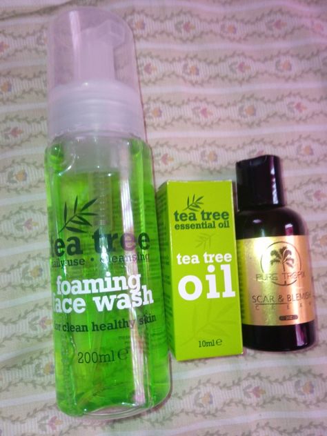 Products: tea tree foaming face wash, tea tree essential oil and puretropix scar & blemish cream Tea Tree Oil Face Wash, Tea Tree Scrub, Tea Tree Cleanser, Tee Tree Oil, Tea Tree Face Wash, My Skin Care Routine, Tea Tree Oil For Acne, Skincare Brands, Tree Faces