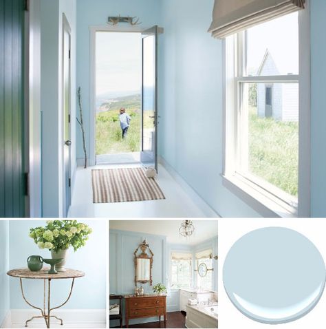 Benjamin-Moore's-A-Breath-of-Fresh-Air-Paint-COlor. Benjamin Moore Ocean Air, Light Blue Paint Colors, Traditional Entry, Light Blue Paints, Light Blue Walls, Benjamin Moore White, Trending Paint Colors, Ocean House, Paint Colors Benjamin Moore