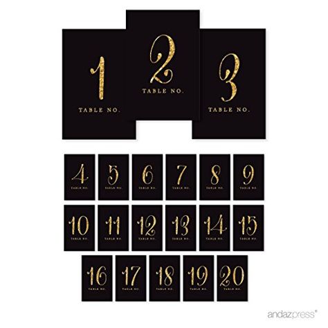 Andaz Press Table Numbers 1 - 20, Gold Glitter Print, 4x6... https://smile.amazon.com/dp/B01I0OR4U6/ref=cm_sw_r_pi_dp_x_0oPmybK453RBZ Table Numbers Wedding Elegant, Unique Table Numbers, Press Table, Table Number Stands, Number Ideas, Table Assignments, Graduation Tables, Table Number Holders, Signing Table Wedding