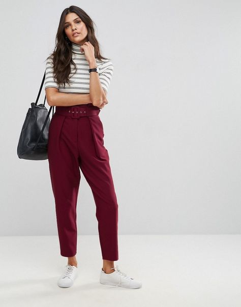 ASOS Tailored Paperbag Waist Pants with Self Belt #burgundy #casual Burgundy Trousers Outfit, Pallazo Pants Pattern, Burgundy Pants Outfit, Maroon Pants Outfit, Colored Pants Outfits, Wine Pants, Formal Pants Women, Burgundy Trousers, Outfits Sommer