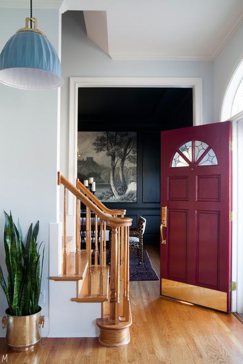 Blue House Burgundy Door, Maroon Front Door Burgundy, Maroon Front Door, Paint Inside Of Front Door, Burgundy Door, House Entryway, Best Front Door Colors, Blue Pendant Light, Burgundy Paint