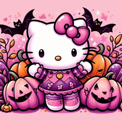 Hello Kitty October Wallpaper, Halloween Hello Kitty Background, Pink Halloween Hello Kitty, Hollween Wallpapers Hello Kitty, Haloween Wallpers Hello Kitty, Hello Kitty Halloween Wallpaper, Hello Kitty Pumpkin, Halloween Kit, Kitty Drawing