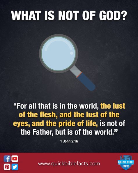 The lust of the flesh, the lust of the eyes and the pride of life are not from God. #Jesus #Forgiveness #Amen #Praise #HolySpirit #Salvation #JesusLovesYou #quickbiblefacts 1 John 2, Bible Facts, The Flesh, The Pride, 1 John, Jesus Loves You, God Jesus, In The Flesh, Holy Spirit