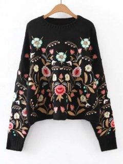 Oversized Floral Embroidered Sweater - Black S Embroidery Sweater, Women Sweaters Winter, Long Sleeve Pullover Sweater, Style Aesthetic, Thanksgiving Gift, Embroidered Sweater, Cardigan Fashion, Fall Fashion Outfits, Fall Wreaths