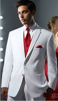 I envision my hubby to be in a White tux and red tie =) White Wedding Suits For Men, Red Tux, White Tuxedo Wedding, White Wedding Suit, Red Tuxedo, Red Quince, White Tux, Groom Tux, Red And White Weddings