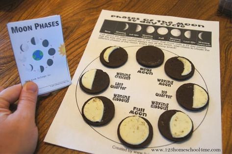 Oreo Moon Phases to help kids learn about moon phases with free printable worksheet and moon phases mini book Oreo Moon Phases, Moon Phases Activities, Moon For Kids, Eclipse Ideas, Mini Oreos, Moon Unit, 123 Homeschool 4 Me, Moon Activities, Eclipse Party