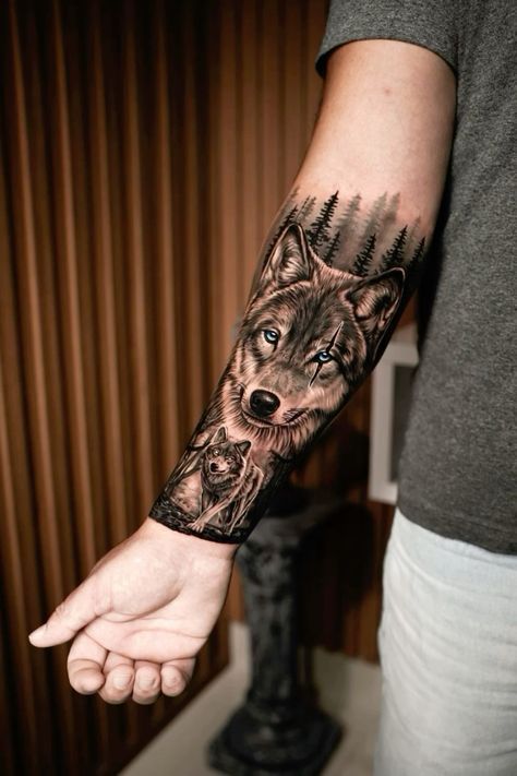 Wolf Tattoos Men Forearm, Men Wolf Tattoo, Tato Wolf, Wolf Forearm Tattoo, Mountain Sleeve Tattoo, Lobo Tattoo, Lone Wolf Tattoo, Underarm Tattoo, Tattoo Wolf