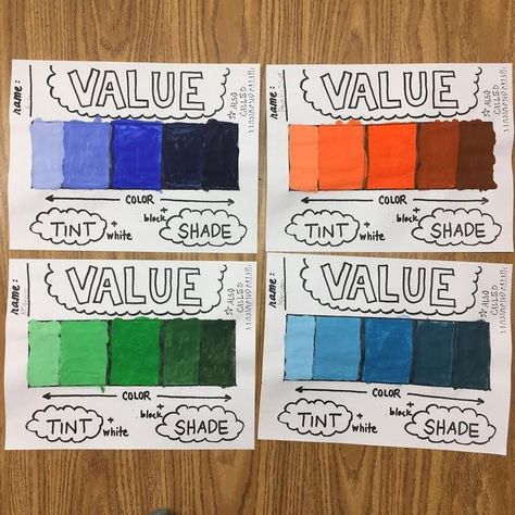 Value Art Element, Color Value Art Lesson Elementary, Tints And Tones Art Projects, Value Shading Art Projects, Color And Value Art Lesson, Value Elements Of Art, Color Value Scale Art Projects, Value Examples Art, Tints And Shades Art Lesson Elementary