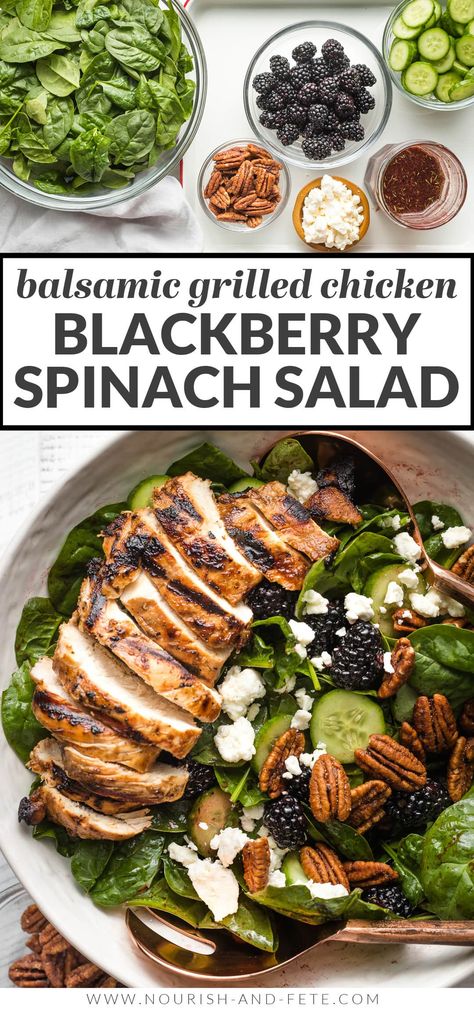 A delicious summer salad loaded with crisp cucumber, juicy blackberries, crunchy pecans, and the best balsamic chicken you’ve ever had. An easy blackberry vinaigrette takes it over the top. Fresh, filling, and healthy! Blackberry Vinaigrette, Blackberry Salad, Simple Spinach Salad, Pecan Chicken, Pecan Salad, Healthy Chicken Salad, Summer Produce, Balsamic Chicken, Healthy Summer Recipes