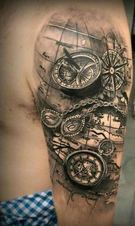 Sextant Tattoo, Voll Arm-tattoos, Nautical Tattoo Sleeve, Tattoo Themes, Compass Tattoo Design, Map Tattoos, Mens Shoulder Tattoo, Nautical Tattoo, Geniale Tattoos