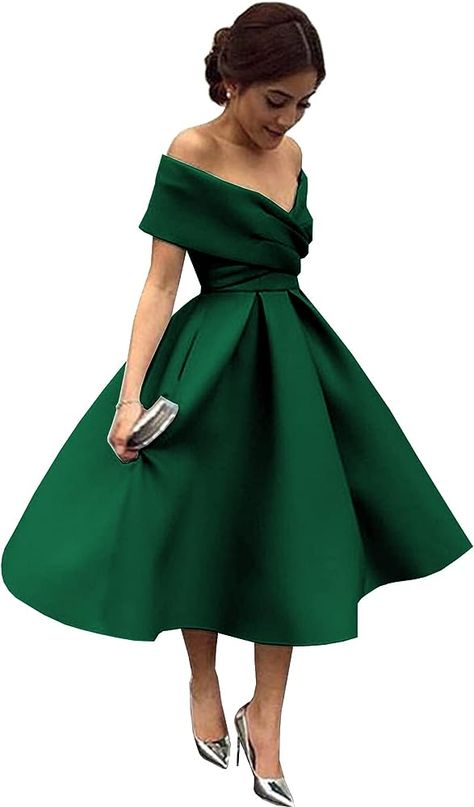 Blush Homecoming Dress, Off The Shoulder Homecoming Dress, Gown With Pockets, Satin Formal Gown, Tea Length Prom Dress, Womens Bridesmaid Dresses, Junior Party Dresses, Green Wedding Dresses, Emerald Bridesmaid Dresses