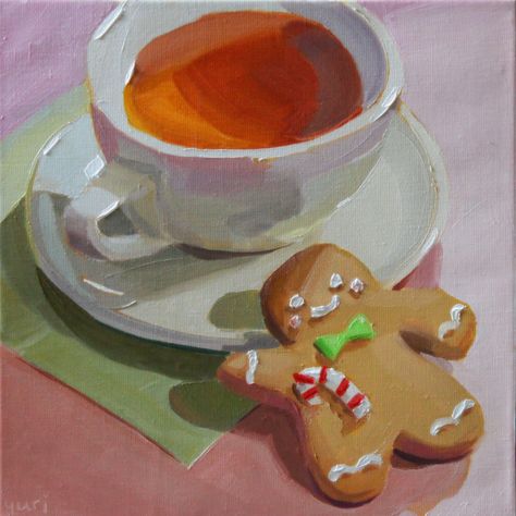 In Winter I love painting cookies, especially Gingerbread cookies! They're so cute! 🥰 . 12 x 12 inches. Oil on linen canvas. #art #painting #oilpainting #holiday #cookie #tea Painting Cookies, Candy Cane Gingerbread, Art Journal Challenge, Winter Drawings, Eyeball Art, Christmas Props, Dog Christmas Card, Christmas Artwork, Christmas Card Art