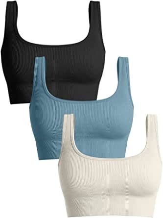 OQQ Women's 3 Piece Medium Support Tank Top Ribbed Seamless Removable Cups Workout Exercise Sport Bra at Amazon Women’s Clothing store Sports Bra Tank Top, Camp Outfits, Chest Wrinkles, Design Knit, Workout Inspo, Wishlist 2024, Sport Bras, Gym Exercise, Perfect Bra