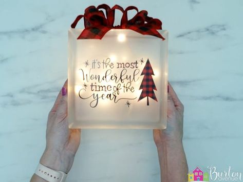 DIY Lighted Christmas Glass Block - Burton Avenue Cricut Lighted Shadow Box Ideas Christmas, Christmas Glass Blocks With Lights Diy, Glass Cubes With Lights Christmas, Diy Glass Blocks With Lights Vinyls, Glass Block Decor, Glass Block Christmas Crafts, Christmas Glass Blocks With Lights, Glass Cubes With Lights, Diy Glass Blocks With Lights