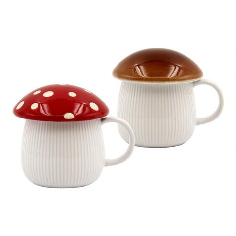 Mushroom Lidded Mug | World Market Mushroom Mugs, Mushroom Caps, Mushroom Coffee, White Mugs, Gradient Brown, Unique Coffee Mugs, Unique Coffee, Stoneware Mugs, World Market