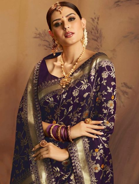 Dark Purple Jacquard Silk Saree Floral Woven Zaal #Saree #PurpleSaree #JacquardSilkSaree #FloralSaree Dark Purple Saree, Saree Pattu, Indian Sari Dress, Fabric Work, Banarsi Saree, Saree Floral, Purple Saree, Stitching Dresses, Indian Silk Sarees