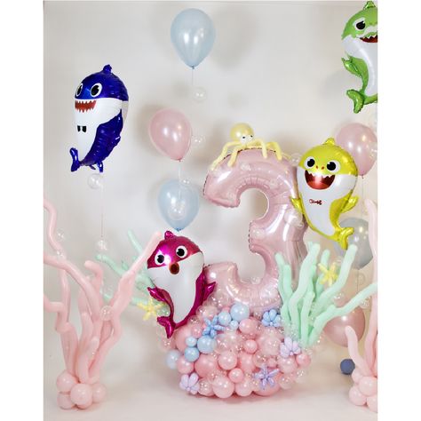 Balloon arrangement. Baby shark balloons, pastel balloons, kids theme, under the sea theme Baby Shark 2nd Birthday Party Girl, Baby Shark Birthday Party Girl, Pastel Colour Scheme, Shark Balloon, Balloon Arrangement, Shark Themed Party, Baby Birthday Photoshoot, 2nd Birthday Party For Girl, Shark Themed Birthday Party