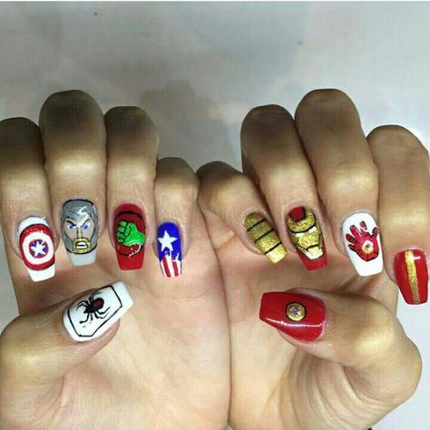 Super hero nails Super Hero Nails, Marvel Nails, Cap America, Superhero Villains, Cute Acrylic Nails, Super Hero, Marvel Cinematic, Class Ring, Acrylic Nails