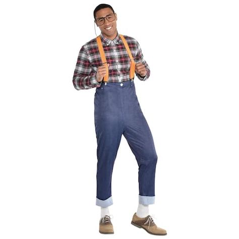 Buy Neighborhood Nerd Small/Medium Costume Kit at Michaels. com. It's the age of the geek! Show off your intelligence with this Neighborhood Nerd Kit. It's the age of the geek! Show off your intelligence with this Neighborhood Nerd Kit. This smart looking kit includes large glasses, high wasted pants, and suspenders. Shirt, socks, and pants not included. When you put these on you may think your IQ rose a few points. Details: Multicolored Adult size: S/M Glasses are novelty use only Glasses, pant Book Adult Costume, Home Depot Dad Costume, Adult Book Costume, Pictionary Costume, Book Week Adult Costumes, Costume Ensanglanté, 50s Halloween Costumes, Nerd Halloween Costumes, Nerd Costumes