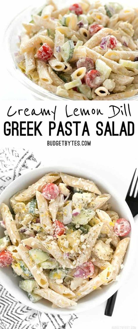 Creamy Lemon Dill Greek Pasta Salad is packed with bold flavors and fresh vegetables, making it a delicious light lunch or cold summer meal. Dill Pasta Salad, Vegetarian Bites, Dill Pasta, Vegetable Pasta Salads, Greek Pasta Salad, Camping Menu, Salads Recipes, Greek Salad Pasta, Greek Pasta