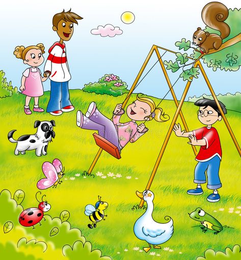 Kids in a park. Kids from different countries playing together with funny animal , #AFF, #countries, #playing, #Kids, #park, #Digital #ad Picture Description For Kids, Picture Story For Kids, Picture Comprehension, Art Books For Kids, Panda Card, Picture Composition, School Illustration, Picture Writing Prompts, Children Park