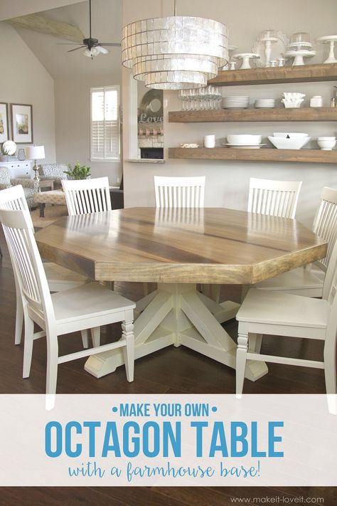 DIY Octagon Dining Room Table...with a farmhouse base. (Seats 8 comfortably!!) | via Make It and Love it Octagon Dining Room, Diy Farmhouse Table Plans, Diy Esstisch, Farmhouse Table Plans, Diy Dining Room Table, Farmhouse Dining Rooms Decor, Octagon Table, Diy Dining Room, Dining Room Remodel