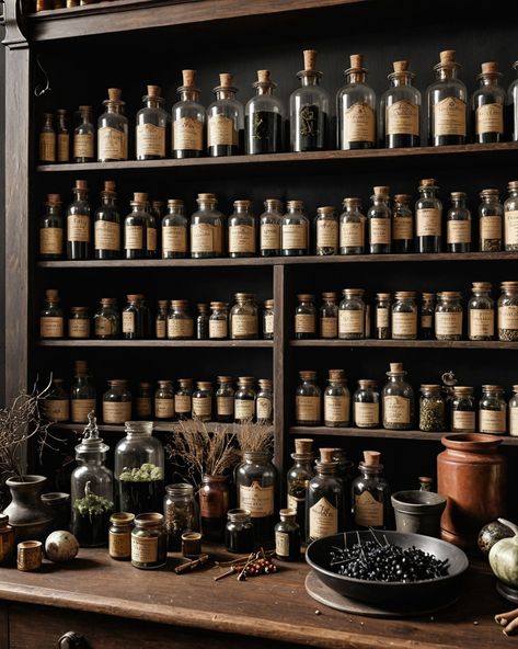 Forgotten Home Apothecary, Herb Collection Aesthetic, Apothecary Room Decor, Witchy Apothecary Aesthetic, Witchy Home Library, Curio Shop Aesthetic, Apothecary Spice Jars, Witch Aesthetic Bathroom, Potion Room Aesthetic