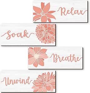 Bathroom Decor Elegant, Coral Bathroom Decor, Rustic Style Bedroom, Coral Bathroom, Wood Decor Signs, Bathroom Theme, Relax Soak Unwind, Pink Bathroom Decor, Decor Baie