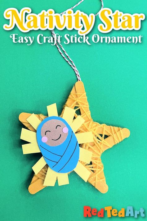 Popsicle Stick Nativity Star Ornament - Red Ted Art - Kids Crafts Popsicle Stick Nativity Ornaments, Popsicle Stick Nativity Craft, Popsicle Stick Angel Ornament, Christmas Star Preschool Crafts, Nativity Star Craft, Craft Stick Christmas Ornaments, Baby Jesus Ornament Craft, Star Ornaments For Kids, Star Of Bethlehem Craft