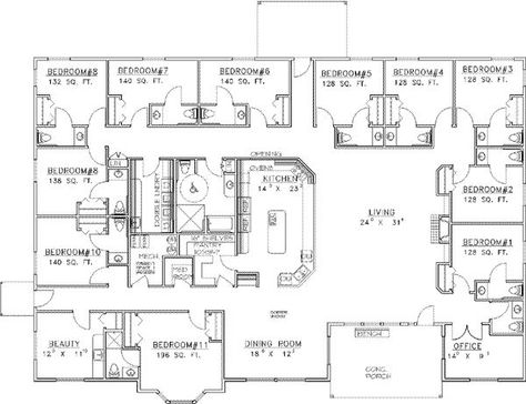 Lodge House Plans Open Floor, Bed And Breakfast Plans Layout, Assisted Living Floor Plans Layout, Bunk House Cabin Floor Plans, Bed And Breakfast Inn Floor Plans, Bunkhouse Floor Plans, Lodge Plans, Assisted Living Homes, Luxury Ranch