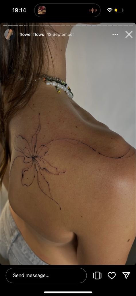 Different Tattoos For Women, Flowers On Side Tattoo, Tattoo Inspo Female, Back To Shoulder Tattoo For Women, Down The Back Tattoos For Women, Flower On Back Tattoo, Wispy Flower Tattoo, Tattoo Phrases For Women, Dragonfly Tattoo Behind Ear