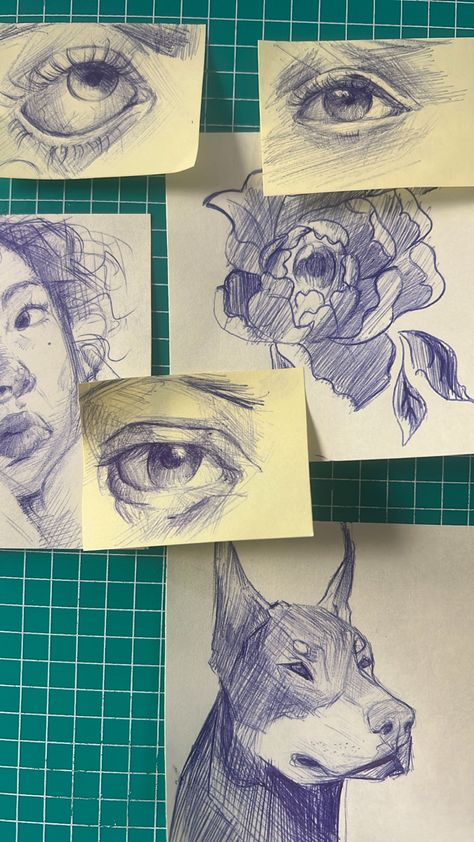 Office post it notes used for art purposes. Realistic eye drawings .female gaze . Doberman companion