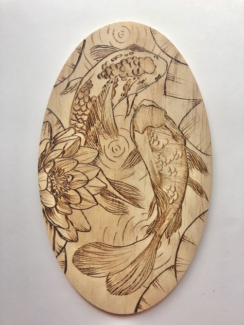 Wood burning art. Koi fish and lily pads. Click on image for artists’ Instagram! Koi Fish Wood Burning, Wood Burn Fish, Wood Burning Projects Ideas, Koi Fish And Lily Pads, Easy Wood Burning Ideas, Artists Instagram, Wood Burning Ideas, Koi Dragon, Angel Sketch