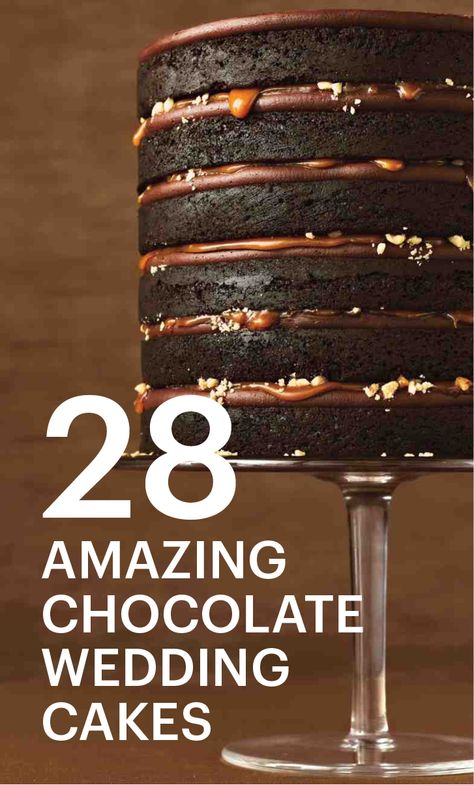 28 Chocolate Wedding Cake Ideas That Will Blow Your Guests' Minds | Martha Stewart Weddings - Who says wedding cake must be vanilla? With so many chocolate cake recipes ranging from dark to white, there are mounds of melt-in-your-mouth possibilities for serving the decadent dessert flavor on your big day. Here, our favorite recipes starring cocoa—whether in the batter or the frosting. Pass them to your baker or make them yourself for your pre-wedding events! Chocolate Wedding Cake Ideas, Chocolate Cake Recipes, Chocolate Cake Designs, Chocolate Wedding, Wedding Chocolate, Wedding Cake Recipe, Wedding Cake Ideas, Wedding Cake Flavors, Chocolate Wedding Cake