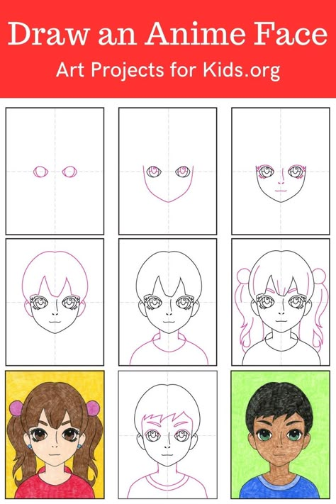 Learn how to draw an Anime Face with an easy step-by-step PDF tutorial.    #howtodraw #tutorial #drawing #drawingtutorial #arttutorial #artprojectsforkids #howtodrawforkids #animeface #animedrawing Anime How To Draw Step By Step, How To Draw Anime Step By Step, Character Tutorial, Draw Yourself, Step By Step Sketches, Anime Coloring Pages, Self Portrait Drawing, Tutorial Drawing, Anime Face