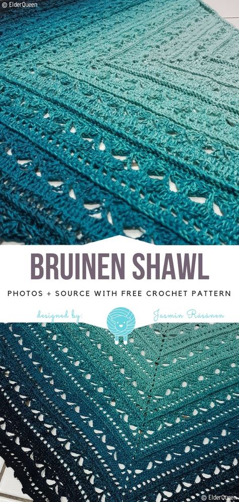 Bruinen Shawl Free Crochet Pattern #freecrochetpattern #crochet #crochetpattern #freepattern #woolpatterns #winter #hat #beanie #ombre #shawl #wrap #scarf #crochetshawl #triangleshawl Crochet Pattern Shawl Wrap, Crochet Shawl Free, Crochet Shawl Pattern, Crochet Shawl Pattern Free, Crochet Triangle, Crochet Shawls And Wraps, Crochet Shawls, Shawl Patterns, Lace Shawl