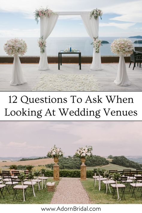 When it comes to finding the perfect wedding venue, know what questions to ask when touring wedding venues. In this blog post, Adorn Bridal shares 12 things to ask when looking at wedding venues. From wedding venue amenities to available dates and how many people the space can accommodate, get your wedding venue questions here! Equip yourself with a wedding venue question list to make informed decisions. Click the link to get these questions to ask at a wedding venue tour now! Question List, Venue Questions, 12 Questions To Ask, Wedding Venue Questions, Things To Ask, 12 Questions, What Questions, Wedding Planning Timeline, Asking The Right Questions